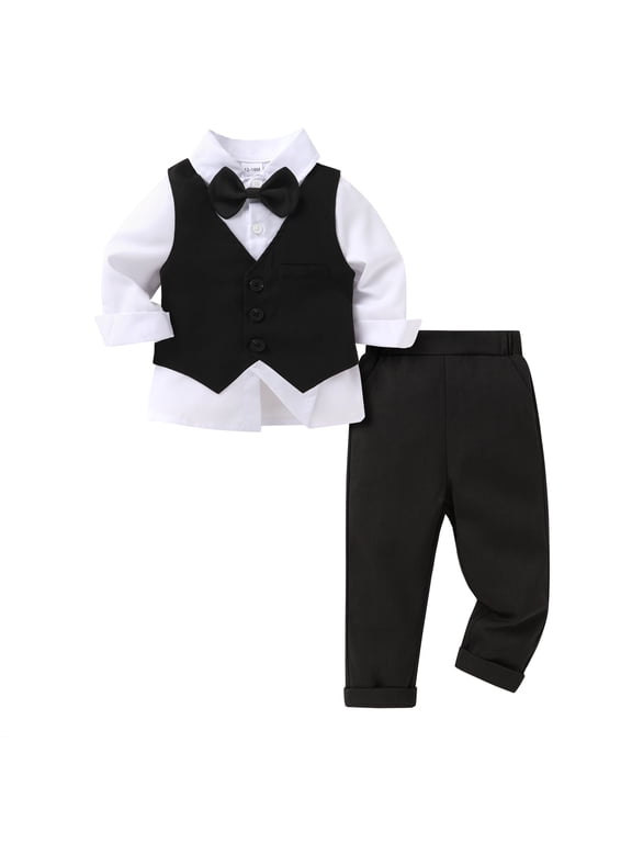 Toddler Boy Suit Set Gentleman Wedding Outfits Baby Long Sleeve Formal Dress 4-Piece Outfits for 4-5T