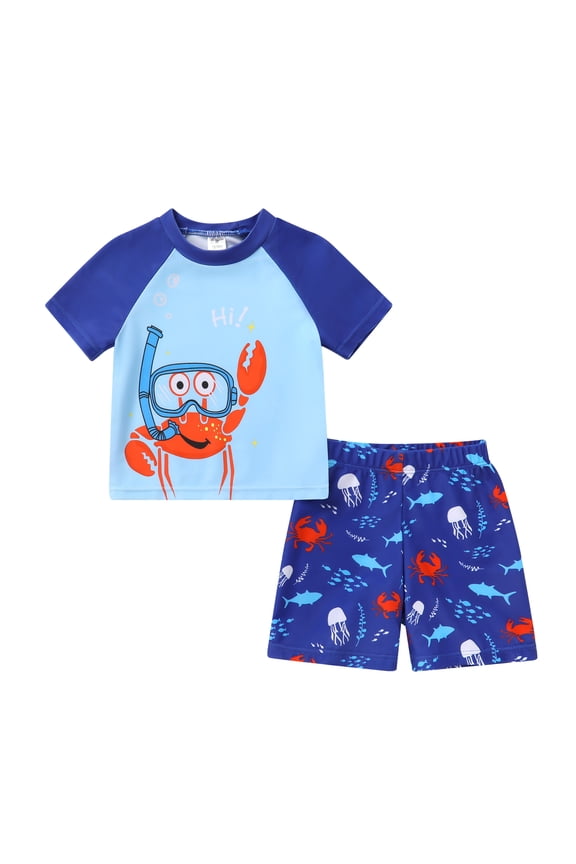 Toddler Baby Boy Swimsuit Set Cartoon Short Sleeve Top Shorts Two Pieces Bathing Suit Swimwear Outfit for 18-24 Months