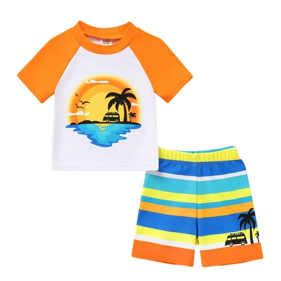 Younger Tree Toddler Baby Boy Swimsuit Set Cartoon Short Sleeve Top Shorts Two Pieces Bathing Suit Swimwear Outfit for 18-24 Months
