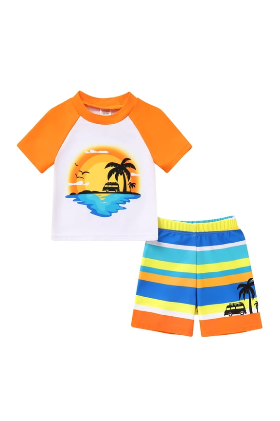 Toddler Baby Boy Swimsuit Set Cartoon Short Sleeve Top Shorts Two Pieces Bathing Suit Swimwear Outfit for 9-12 Months
