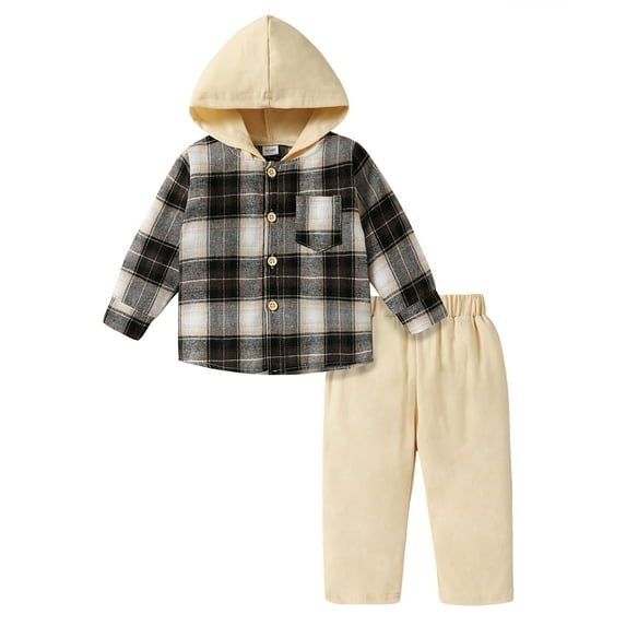 Younger Tree Toddler Baby Boys Kids Flannel Plaid Shirt Outfits Set Winter Christmas Hoodie Top Pants Clothes 2 PCS for 12-18 Months
