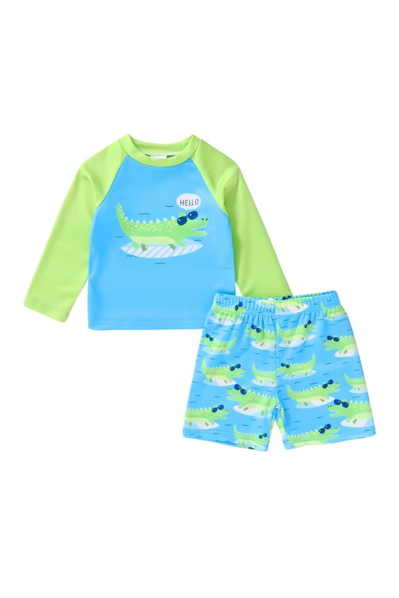 Toddler Baby Boys Swimsuits Trunk Rashguard Long Sleeve Top & Shorts Set, 9-12 Months
