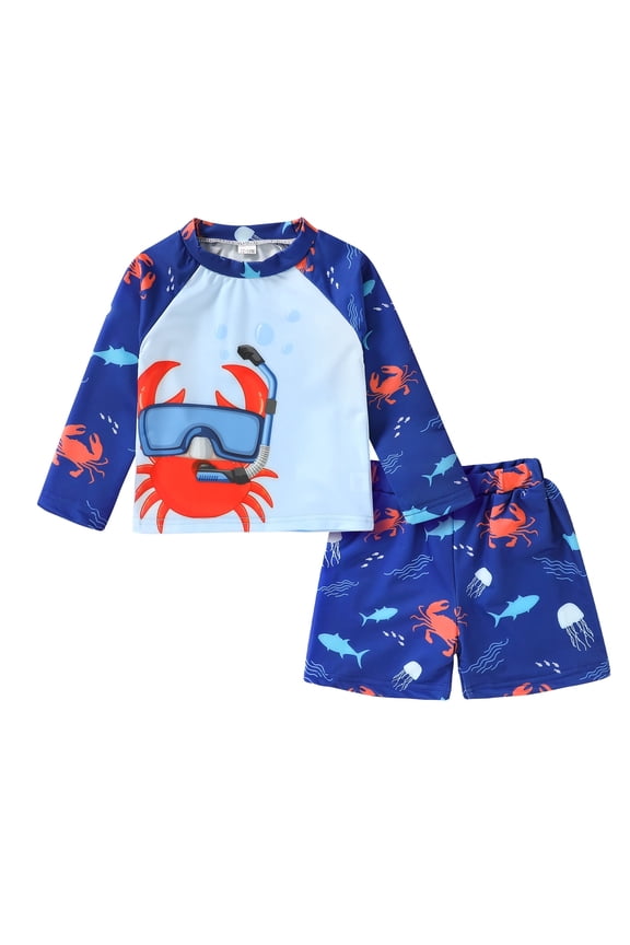 Toddler Baby Boys Swimsuits Trunk Rashguard Long Sleeve Top Shorts Two Pieces Bathing Suit Swimwear Outfit for 12-18 Months