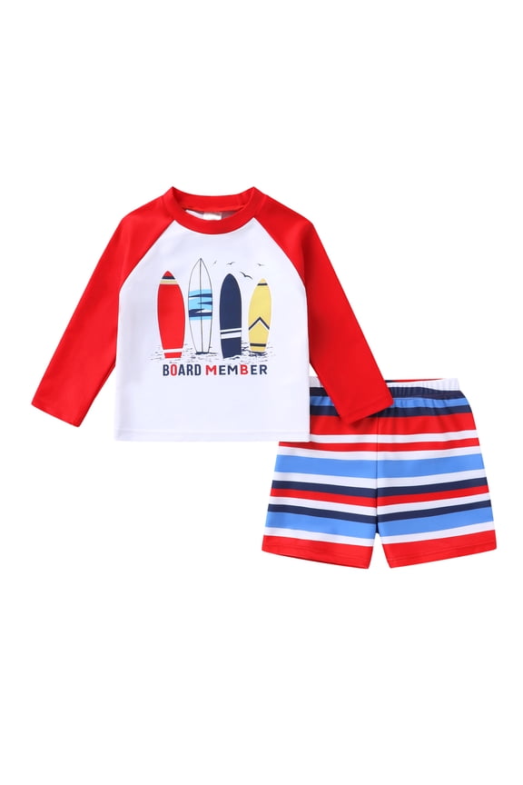 Toddler Baby Boys Swimsuits Trunk Rashguard Long Sleeve Top Shorts Two Pieces Bathing Suit Swimwear Outfit for 18-24 Months
