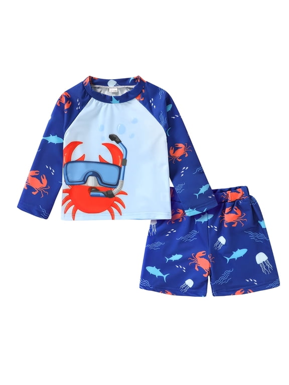 Toddler Baby Boys Swimsuits Trunk Rashguard Long Sleeve Top Shorts Two Pieces Bathing Suit Swimwear Outfit for 3-4T
