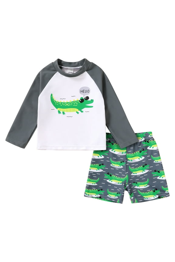 Toddler Baby Boys Swimsuits Trunk Rashguard Long Sleeve Top Shorts Two Pieces Bathing Suit Swimwear Outfit for 9-12 Months