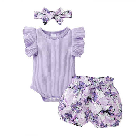 Younger Tree Toddler Baby Girl Clothes Outfits Summer Ruffle Sleeve Romper and Floral Shorts with Headband Set for 18-24 Months