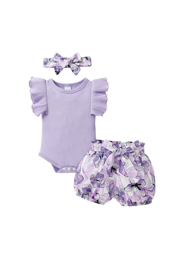 Toddler Baby Girl Clothes Outfits Summer Ruffle Sleeve Romper and Floral Shorts with Headband Set for 3-6 Months