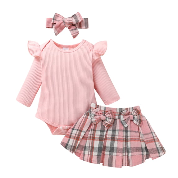 Younger Tree Infant Girls Dress Outfit Baby Ruffle Long Sleeve Romper Top Plaid Bow Skirt Set Fall Clothes for 3-6 Months