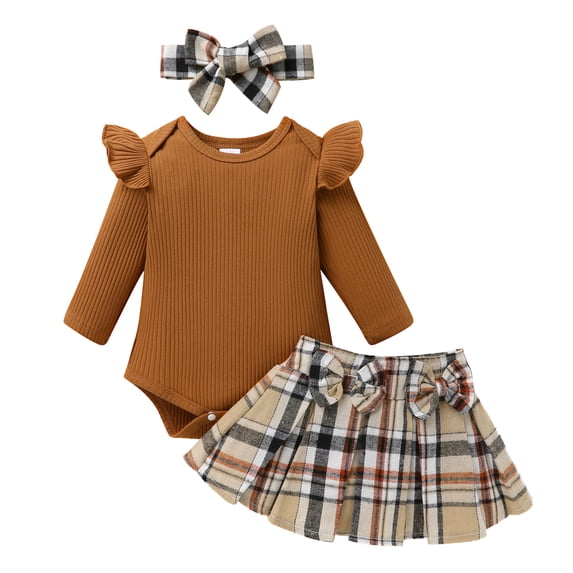Younger Tree Infant Girls Dress Outfit Baby Ruffle Long Sleeve Romper Top Plaid Bow Skirt Set Fall Clothes for 6-12 Months