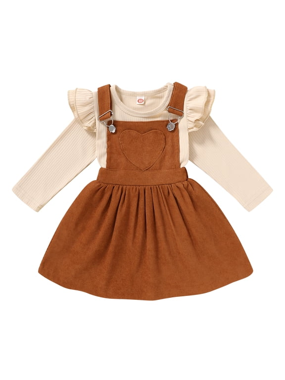 Toddler Baby Girl Fall Dress Outfit Long Sleeve Top Strap Dress Overall with Pocket Clothes Set for 2-3T