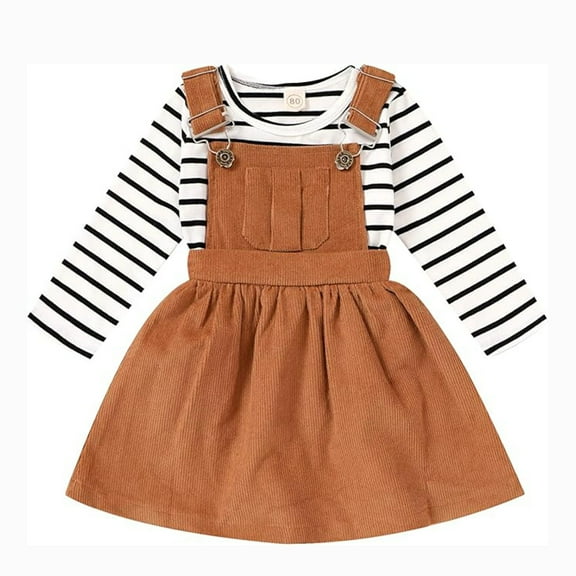 Younger Tree Toddler Baby Girl Fall Dress Outfit Long Sleeve Top Strap Dress Overall with Pocket Clothes Set for 2-3T
