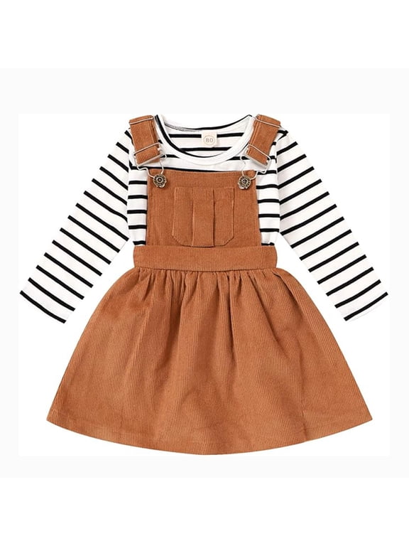Toddler Baby Girl Fall Dress Outfit Long Sleeve Top Strap Dress Overall with Pocket Clothes Set for 2-3T