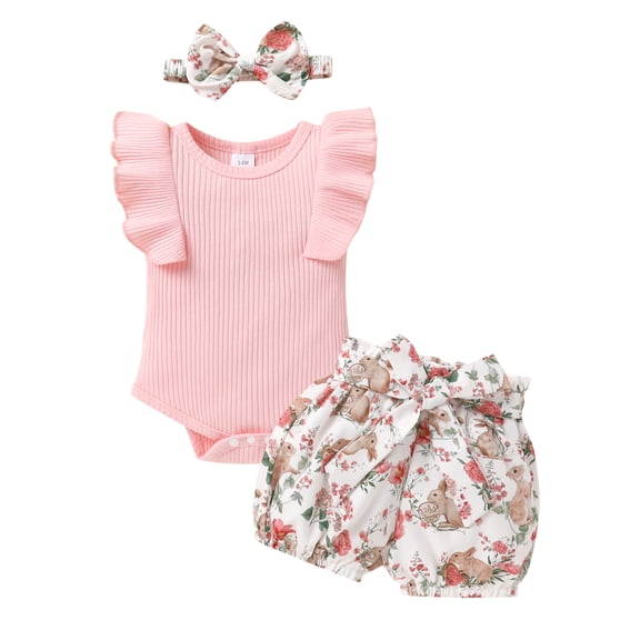 Younger Tree Toddler Baby Girl Summer Short Sleeve Romper Rabbit Shorts Headband Easter Clothes Outfits Set for 12-18 Months