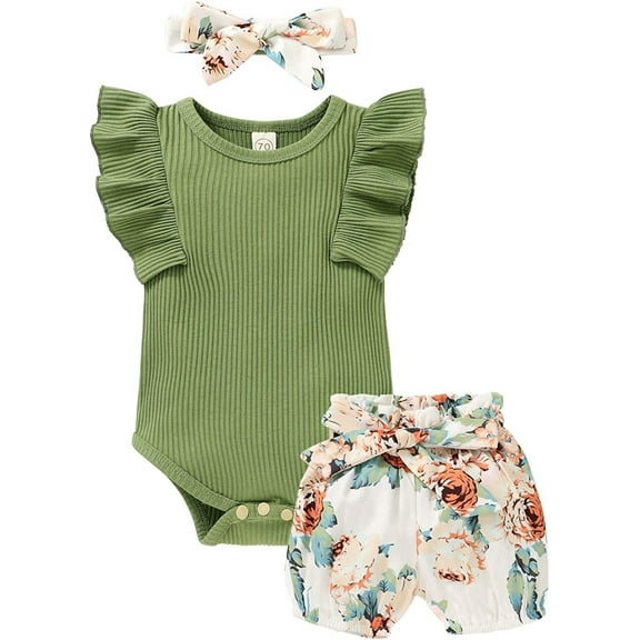 Younger Tree Toddler Baby Girl Summer Short Sleeve Romper Shorts Headband Clothes Outfits Set,Size 0-24 Months