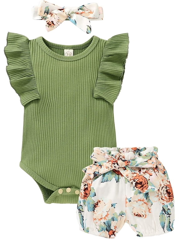 Younger Tree Toddler Baby Girl Summer Short Sleeve Romper Shorts Headband Clothes Outfits Set,Size 0-24 Months
