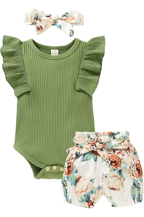 Toddler Baby Girl Summer Short Sleeve Romper Shorts Headband Clothes Outfits Set for 12-18 Months