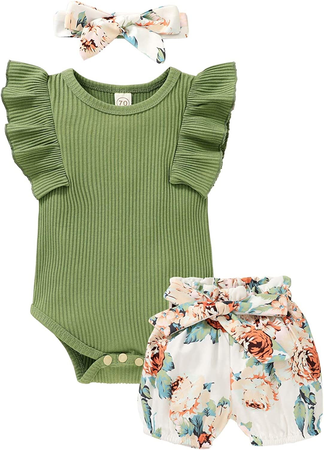 Toddler Baby Girl Summer Short Sleeve Romper Shorts Headband Clothes Outfits Set for 18-24 Months