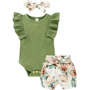 Younger Tree Baby Girl Clothes Infant Summer Outfits Set Ruffle Sleeve Romper and Floral Shorts with Headband for 0-3 Months