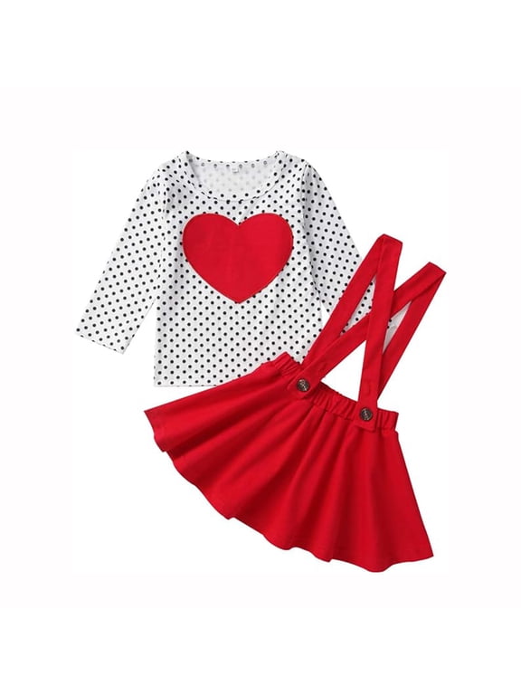 Toddler Baby Girl Valentine's Day Clothes Outfit Long Sleeve Dot Heart Shirt Top Suspender Strap Red Skirts Set for 5-6T