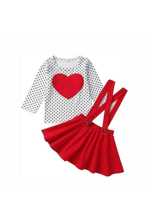 Toddler Baby Girl Valentine's Day Clothes Outfit Long Sleeve Dot Heart Shirt Top Suspender Strap Red Skirts Set for 5-6T