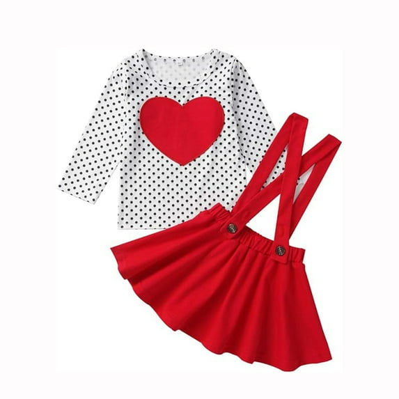 Younger Tree Toddler Baby Girl Valentine's Day Dress Outfit Long Sleeve Dot Heart Top Suspender Strap Red Skirts Clothes Set for 6-7T