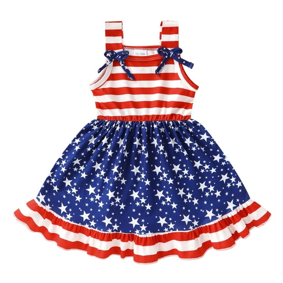 Younger Tree Toddler Baby Girls 4th of July Clothes Outfit Stars Stripes Bow-Knot Dress Independent Day Suits for 12-18 Months