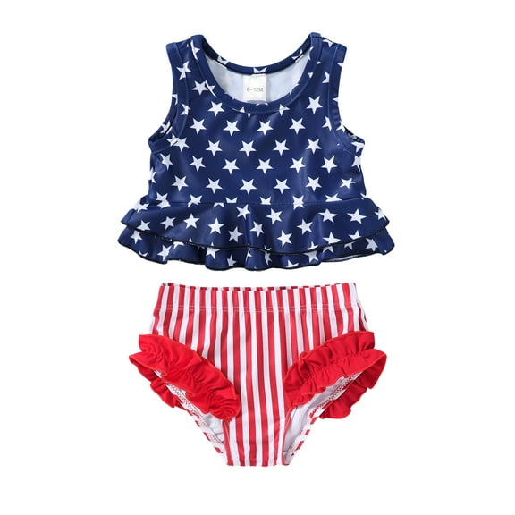 Younger Tree Toddler Baby Girls Summer Swimsuit Set Cute Striped Star 4th of July Swimwear Two-Piece Suit Beach Bikini for 12-18 Months