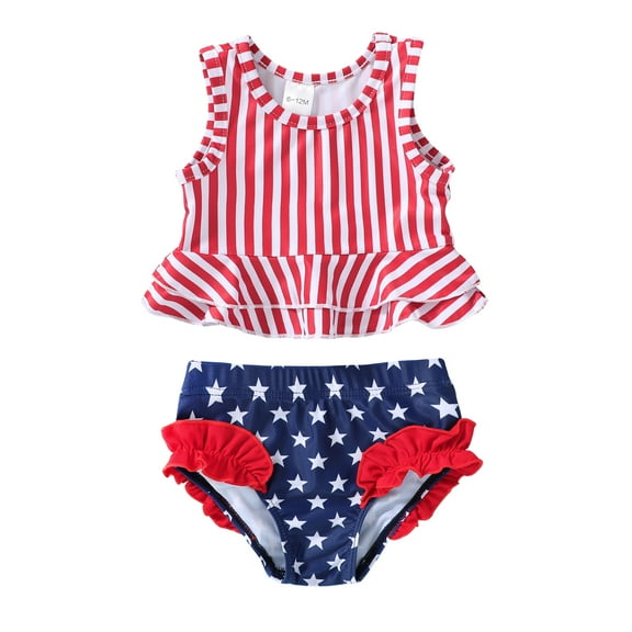 Younger Tree Toddler Baby Girls Summer Swimsuit Set Cute Striped Star 4th of July Swimwear Two-Piece Suit Beach Bikini for 6-12 Months