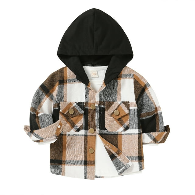 Younger Tree Toddler Boy Flannel Shirt Baby Long Sleeve Hooded Plaid