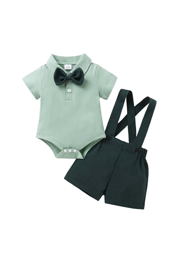 Toddler Boy Formal Outfit Summer Short Sleeve Button T-Shirts Bowtie Suspender Shorts Suits Clothes Set for 3-6 Months