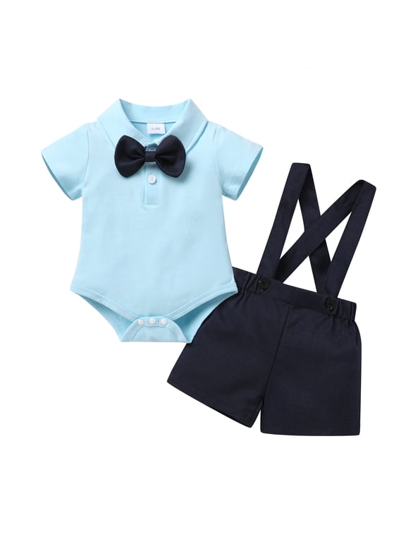 Toddler Boy Formal Outfit Summer Short Sleeve Button T-Shirts Bowtie Suspender Shorts Suits Clothes Set for 6-12 Months
