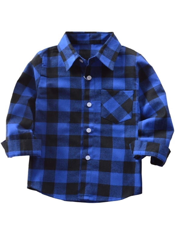 Toddler Boy Girl Fall Flannel Shirt Kid Baby Long Sleeve Button Down Plaid Shirts,Blue,12-18 Months