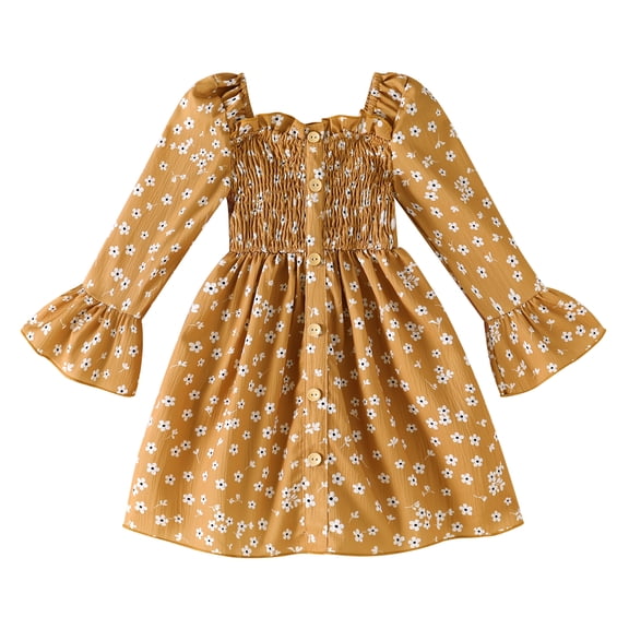Younger Tree Toddler Girl Fall Dress Baby Thanksgiving Floral Square Neck Long Sleeve Casual A-Line Dresses Outfit for 3-4T