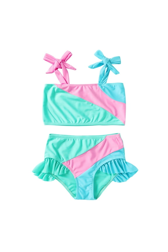 Toddler Girl Swimsuit Baby Color Block Stripe Two Pieces Swimwear Summer Beach Bathing Suit for 6-7T