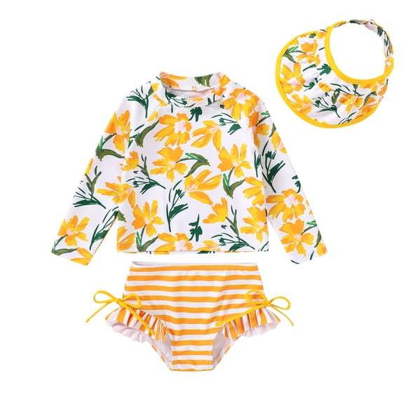 Younger Tree Toddler Girl Swimsuit Baby Long Sleeve Rash Guard Set with Sun Hat UPF Sun Proction Bathing Suit Swimwear for 18-24 Months