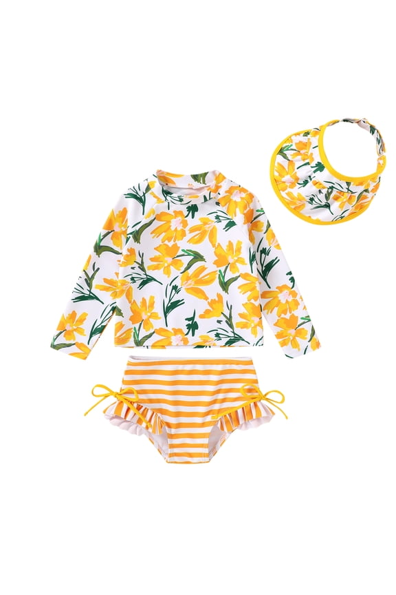 Toddler Girl Swimsuit Baby Long Sleeve Rash Guard Set with Sun Hat UPF Sun Proction Bathing Suit Swimwear for 18-24 Months