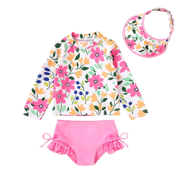 Younger Tree Toddler Girl Swimsuit Baby Long Sleeve Rash Guard Set with Sun Hat UPF Sun Proction Bathing Suit Swimwear for 2-3T