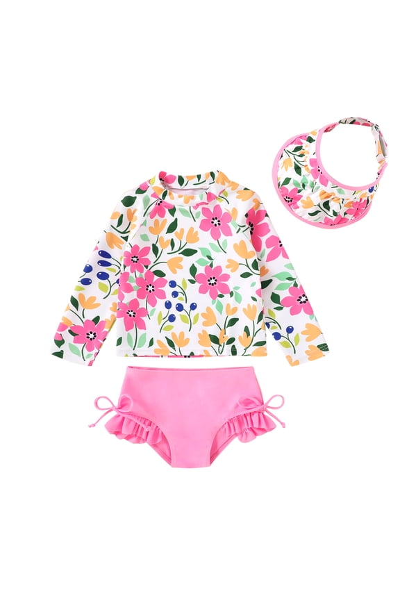 Toddler Girl Swimsuit Baby Long Sleeve Rash Guard Set with Sun Hat UPF Sun Proction Bathing Suit Swimwear for 3-4T