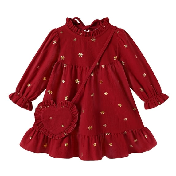 Younger Tree Toddler Girls Dresses Kid Fall Winter Long Sleeve Crew Neck Dresss Clothes with Bag for 4-5T