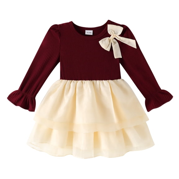 Younger Tree Toddler Girls Fall Dress Outfits Long Sleeve Color Block Party Dress with Bow for 3-4T