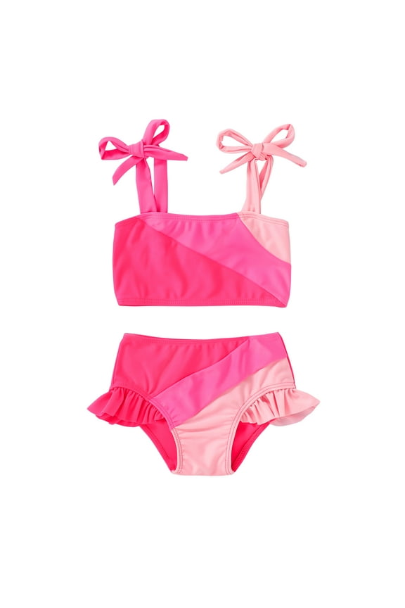 Two-Piece Block Stripe Adjustable Shoulder Swimsuit Set (Little Girl's)