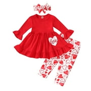 Younger Tree Valentine's Day Outfit Toddler Baby Girl Long Sleeve Dress Heart Print Pants Set with Headband for 2-3T