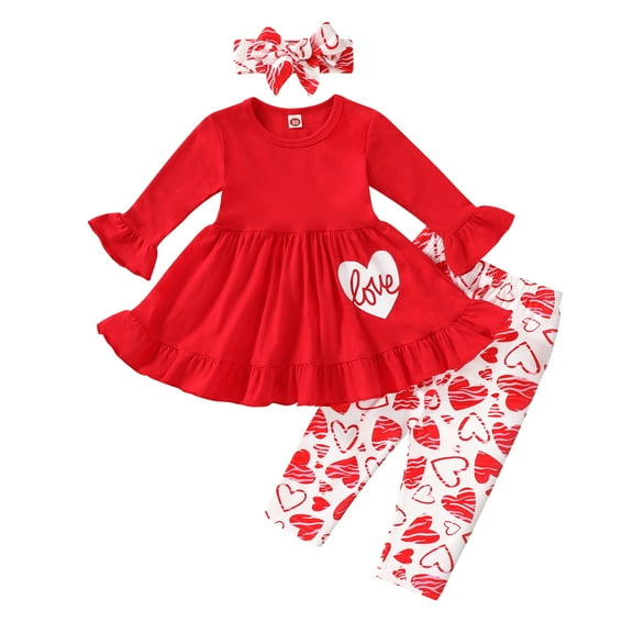 Younger Tree Valentine's Day Outfit Toddler Baby Girl Long Sleeve Dress Heart Print Pants Set with Headband for 2-3T