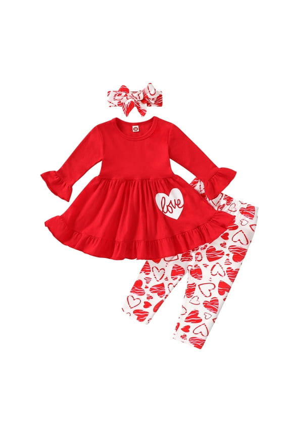 Valentine's Day Outfit Toddler Baby Girl Long Sleeve Dress Heart Print Pants Set with Headband for 2-3T