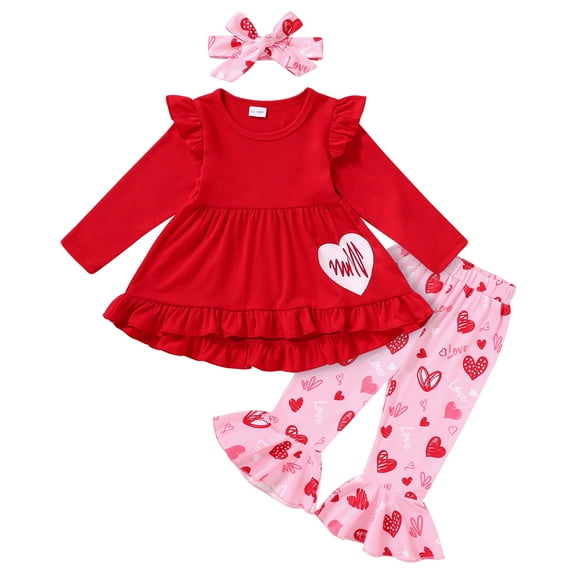 Younger Tree Valentine's Day Outfit Toddler Baby Girl Long Sleeve Dress Heart Print Pants Set with Headband for 4-5T