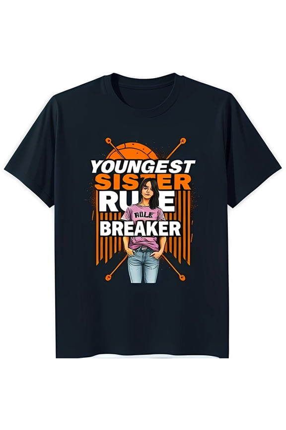 Youngest Sister Rule Breaker Graphic T-Shirt Fun Cartoon Design on Black Tee