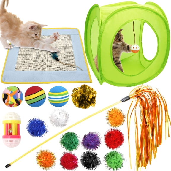 Youngever 18 Cat Toys Kitten Toys Assortments, Cat Teaser Wand, Interactive Bell Toy, Sparkle Balls for Cat, Puppy, Kitty, Kitten (with Square Tunnel and Scratching Mat)