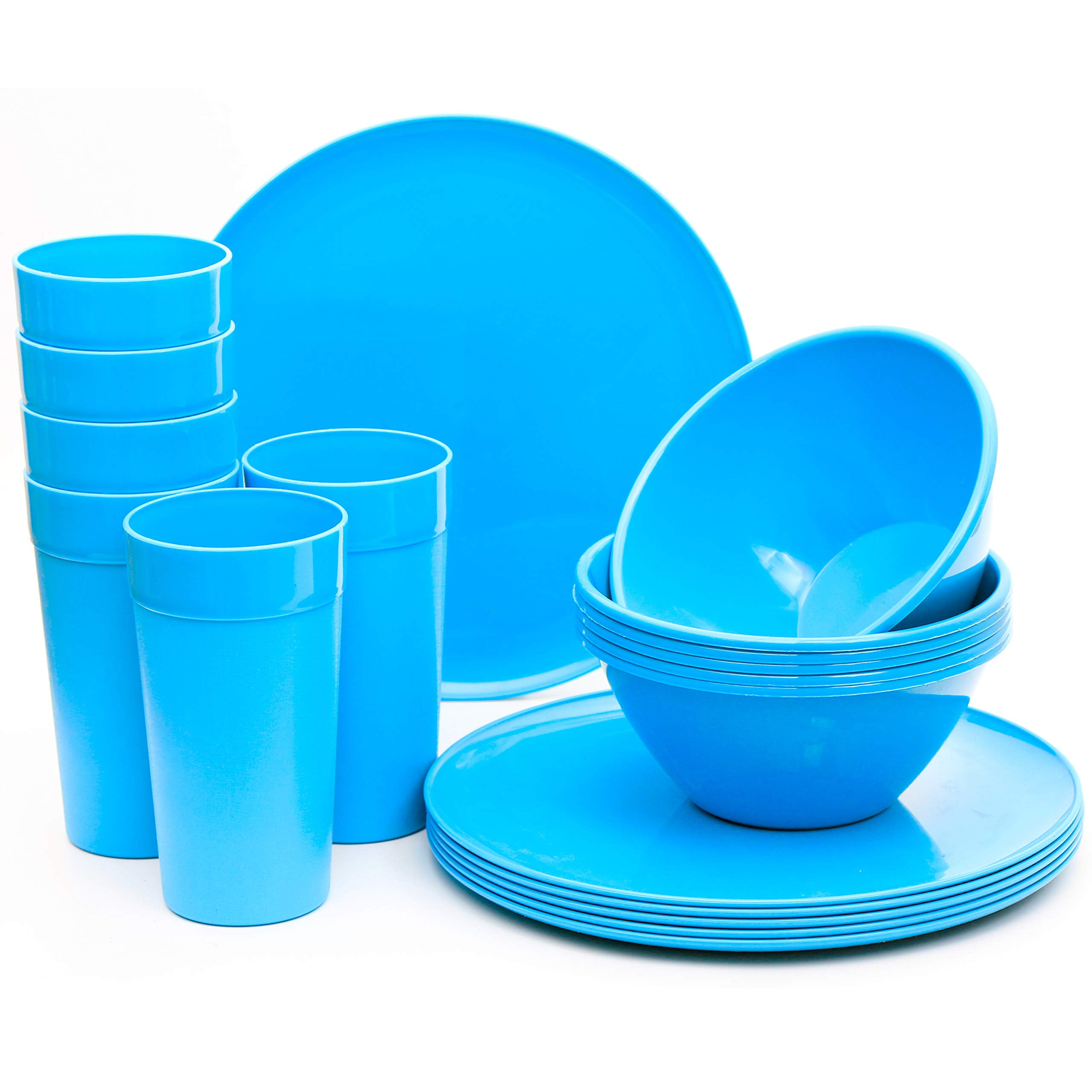Blue Glossy Plastic Outdoor Dinnerware Set, Service for 6