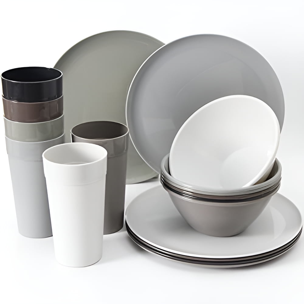 Youngever 18 Piece Plastic Kitchen Dinnerware Set, Plates, Dishes, Bowls, Cups, Service for 6 - Urban Colors